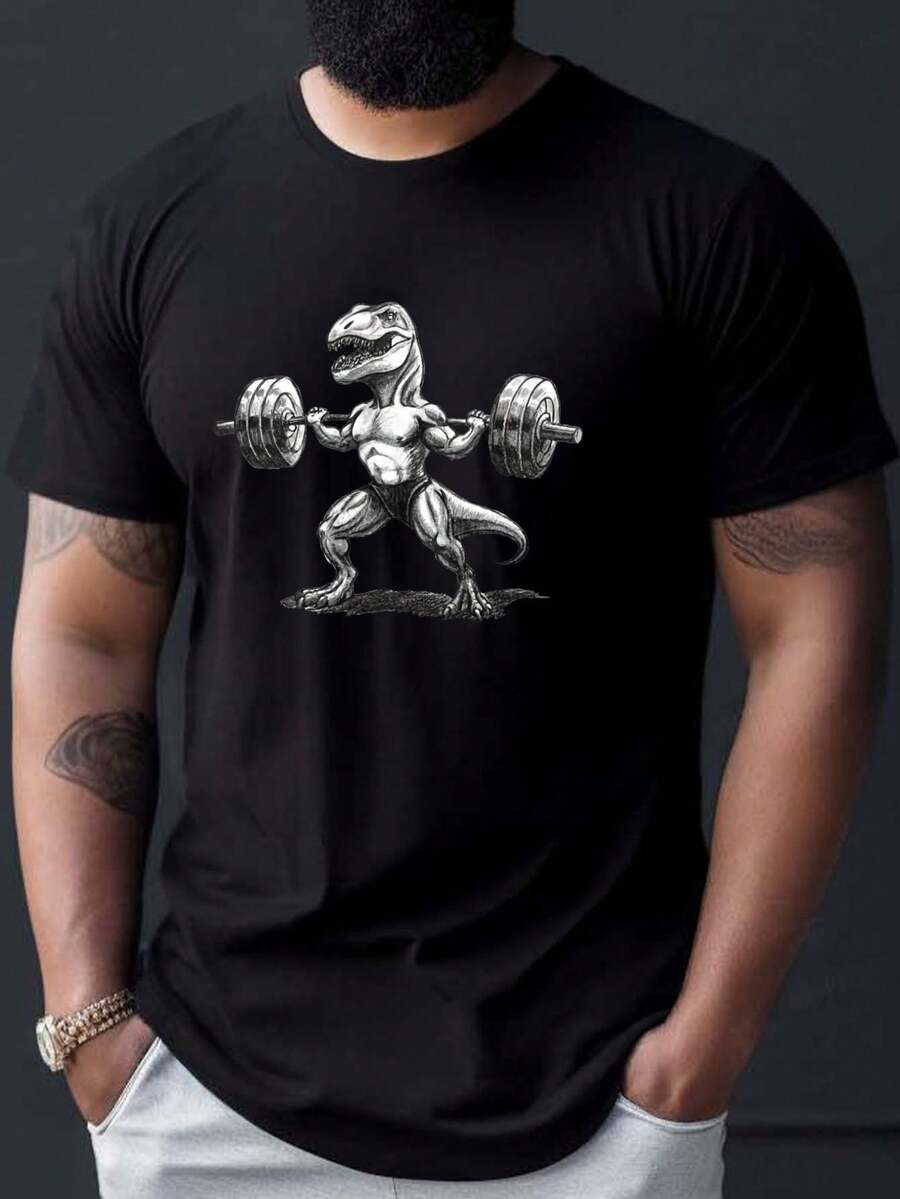 re con estampado de dinosaurios levantando pesas, cuello redondo casual, tejido de punto 100% algodón, ligeramente elástica, corte regular, camiseta de verano con estampado geométrico, 180g. - Negro - Ver 1