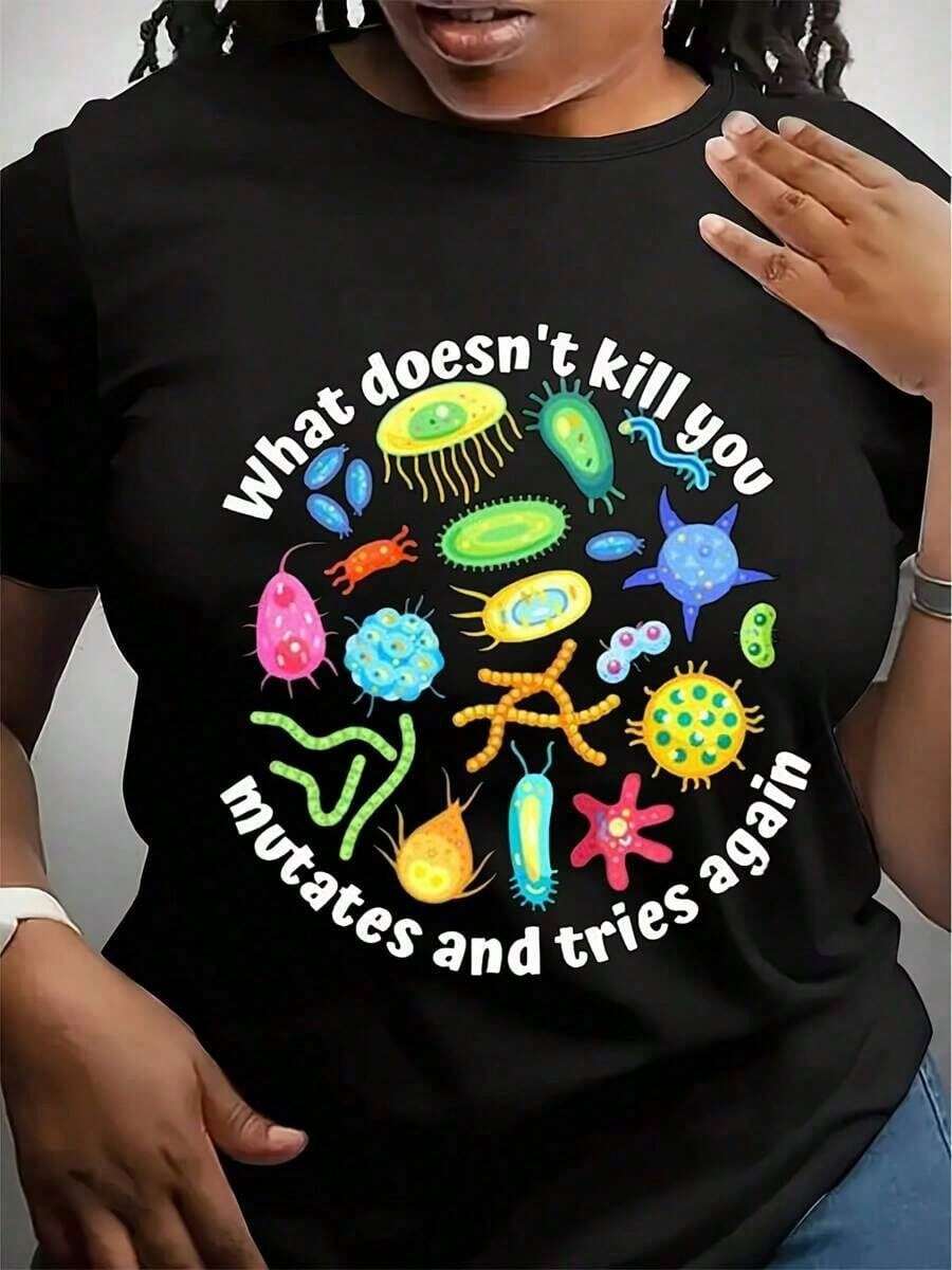 Plus Size Elegant Blouses For Women 100% Cotton Funny Virus Science Teacher T-Shirt, Loose Fit, Casual Crew Neck T-Shirt For Women - 黑色 - 查看 1