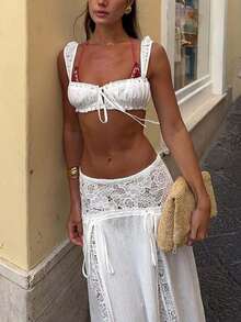 Women 2 Piece Cover Up Set Tie-Up Cami Tops And Patchwork Lace Low Rise Long Skirt For Beach Party - White - View 2