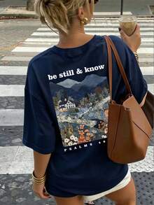 Women's Bohemian Christian Loose Fit T-Shirt, Breathable Fashion T-Shirt With Round Neck And "Be Still And Know" Print, Patchwork Mountain Landscape And Bible Verse S - 海軍 - 查看 1
