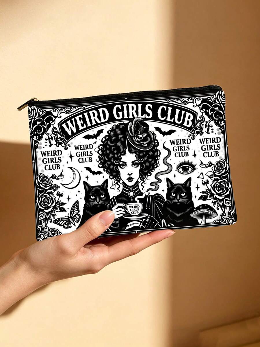 Weird Girls Club 復古哥德風黑貓與玫瑰印花化妝包,便攜拉鍊旅行化妝收納袋,適用於護膚品、珠寶和小配件 - 彩色 - 查看 1