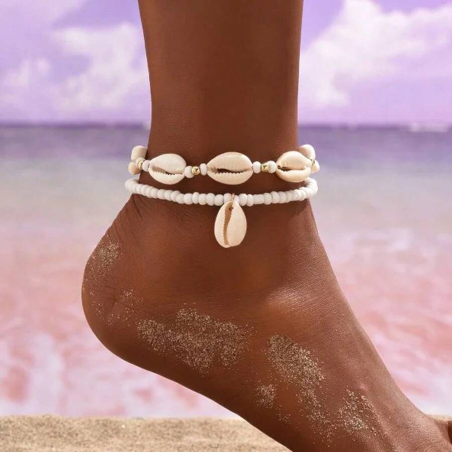 Women's Starfish Shell Anklets, Bohemian Ankle Bracelet, Rice Bead Leg Bracelet, Handmade Foot Chain, Bohemian Jewelry, Sandals, Gift - AK24Y0017 - 查看 1