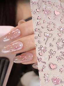 1pc Ins Viral Sweetheart Nail Art Stickers, Gold Foil Bow Embossed Rose Knot Heart Silver Foil Red Heart Nail Decals, Waterproof Easy Peel Non-Damaging No-Bake DIY Nail Stickers Beginner Friendly Nail Decoration - Multicolor - View 1