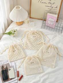 Lace Mesh Drawstring Bags Daisy Embroidered Storage Pouches Lightweight Portable Organizers For Travel Cosmetics Bag Beige Floral Design Makeup Bags - Beige - View 1