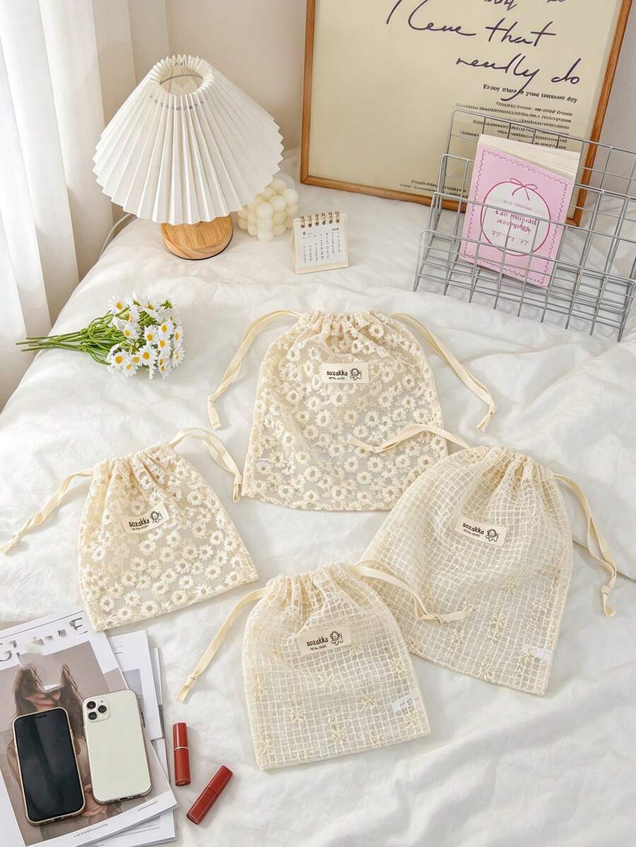 Lace Mesh Drawstring Bags Daisy Embroidered Storage Pouches Lightweight Portable Organizers For Travel Cosmetics Bag Beige Floral Design Makeup Bags - Beige - View 1