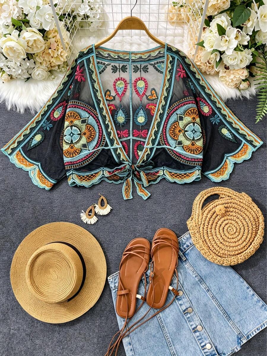 1pc Women's All-Over Print Knit Fabric Ruffle Hem Thin Cardigan, Suitable For Vacation, Beach, Daily Wear, Country Music Concert, Spring/Summer - Multicolor - View 1