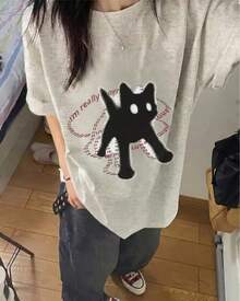 Black Cartoon Cat Tee |   Cute Cat Illustration, Minimal Aesthetic - White - View 3