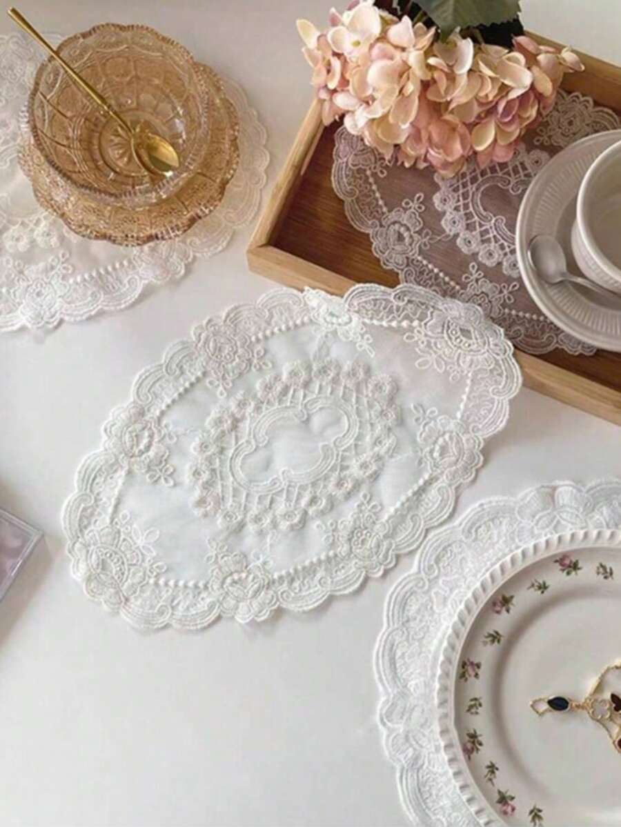 1pc European Style Embroidered Lace Tray Mat, Round Hollow Lace Edge, Suitable For Jewelry Display, Vintage Dining Mat - Multicolor - View 1