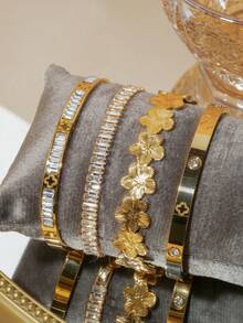 4件/1件裝 時尚奢華不鏽鋼水鑽四葉草手鍊套組，復古優雅女款珠寶套組，適合日常配戴、禮物、派對、時尚節日禮物 - 金色12 - 查看 4