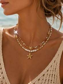 2pcs Bohemian Versatile Starfish Pearl Seed Bead Woven Women's Beaded Necklace, ABS Faux Pearl Choker Necklace, Daily & Vacation Style - Multicolor - View 6