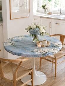 1Pc Blue Marble Floral Round Stretch Tablecloth, Elegant Polyester Elastic Fitted Table Cover, Rose Hydrangea Print Washable Dustproof Table Protector Slipcover For Dining Table, Patio, Wedding, Party, Spring Summer Decor - Multicolor - View 3