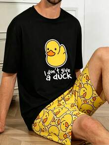 Summer Men's Thin Pajama Set, Round Neck Little Yellow Duck Print Short Sleeve & Long Pants 2 Pieces Casual Comfortable Loungewear Set - Black - View 1