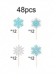 12/24/36/48/60個亮面雪花造型杯子蛋糕裝飾插牌，冰雪主題杯子蛋糕裝飾，冬季仙境主題生日蛋糕裝飾，聖誕派對用品，聖誕雪花主題杯子蛋糕裝飾插牌，生日派對聖誕蛋糕裝飾，藍色與銀色 - 多色 - 查看 14