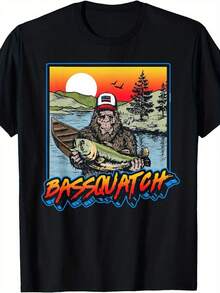 Bassquatch! Funny Bass Fishing T-Shirt With Retro 80s Design - Unisex Thick Fabric T-Shirt With Vintage Fish Graphics, Soft Crew Neck, Casual T-Shirt For Men - 黑色 - 查看 1
