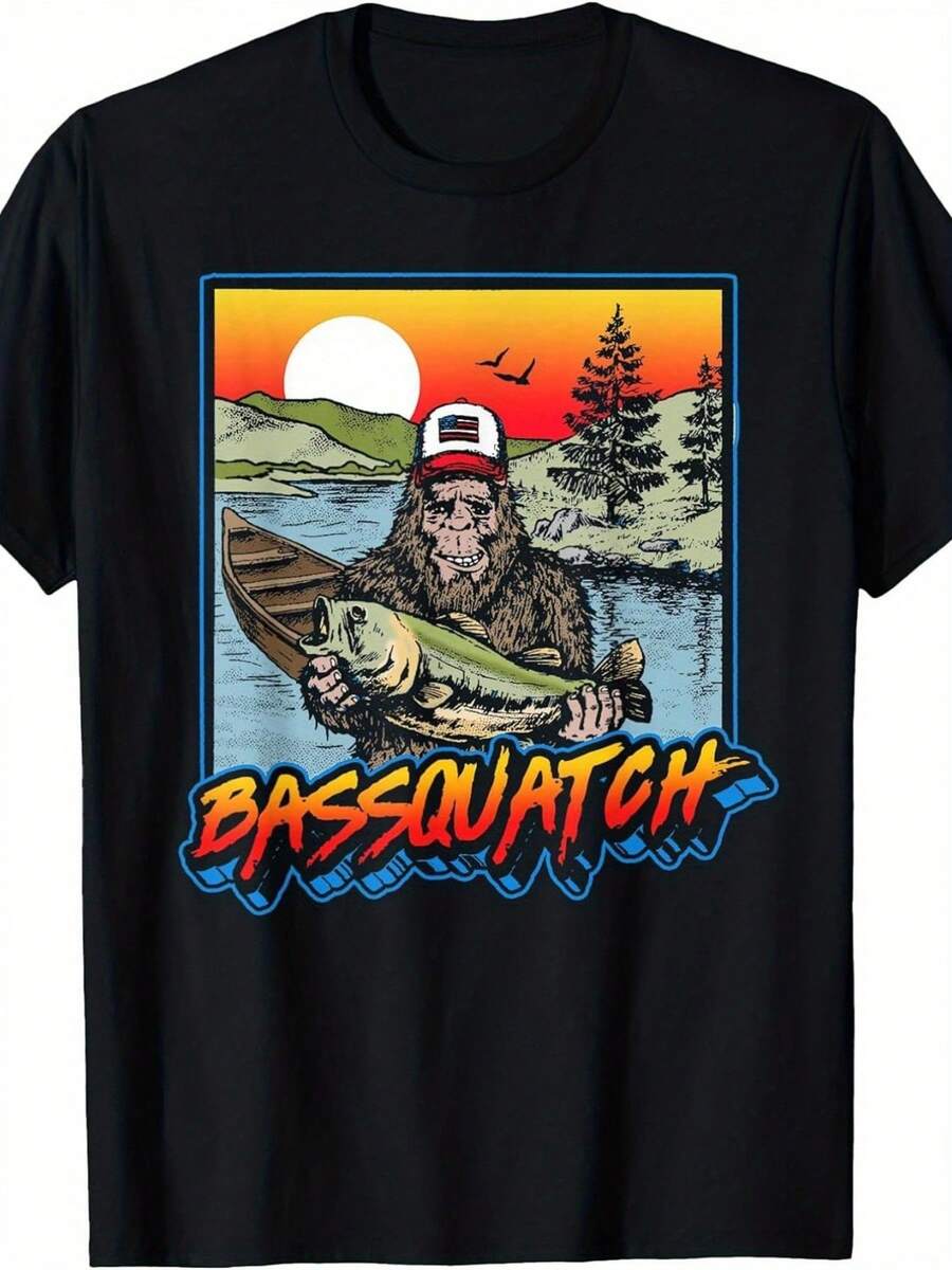Bassquatch! Funny Bass Fishing T-Shirt With Retro 80s Design - Unisex Thick Fabric T-Shirt With Vintage Fish Graphics, Soft Crew Neck, Casual T-Shirt For Men - 黑色 - 查看 1
