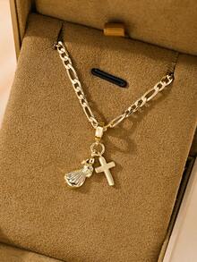 1PC European And American Classic Style Copper Suitable For Layering Small Size Vintage Gold Dancing Girl Cross Guardian Light Limited Edition Pendant Necklace, Suitable For Christmas/Thanksgiving/Halloween/Mother/Valentine's Day Couples/Friends/Fellow Believers Gifts, Catholic First Communion, Gifts, Daily Holiday Wear Prayer - Yellow Gold - View 3