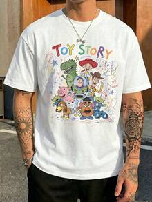 Disney Toy Story Men's Cotton T-Shirt With Colorful Hand-Drawn Character Print, Soft And Casual For Everyday Summer Wear. - 白色 - 查看 1