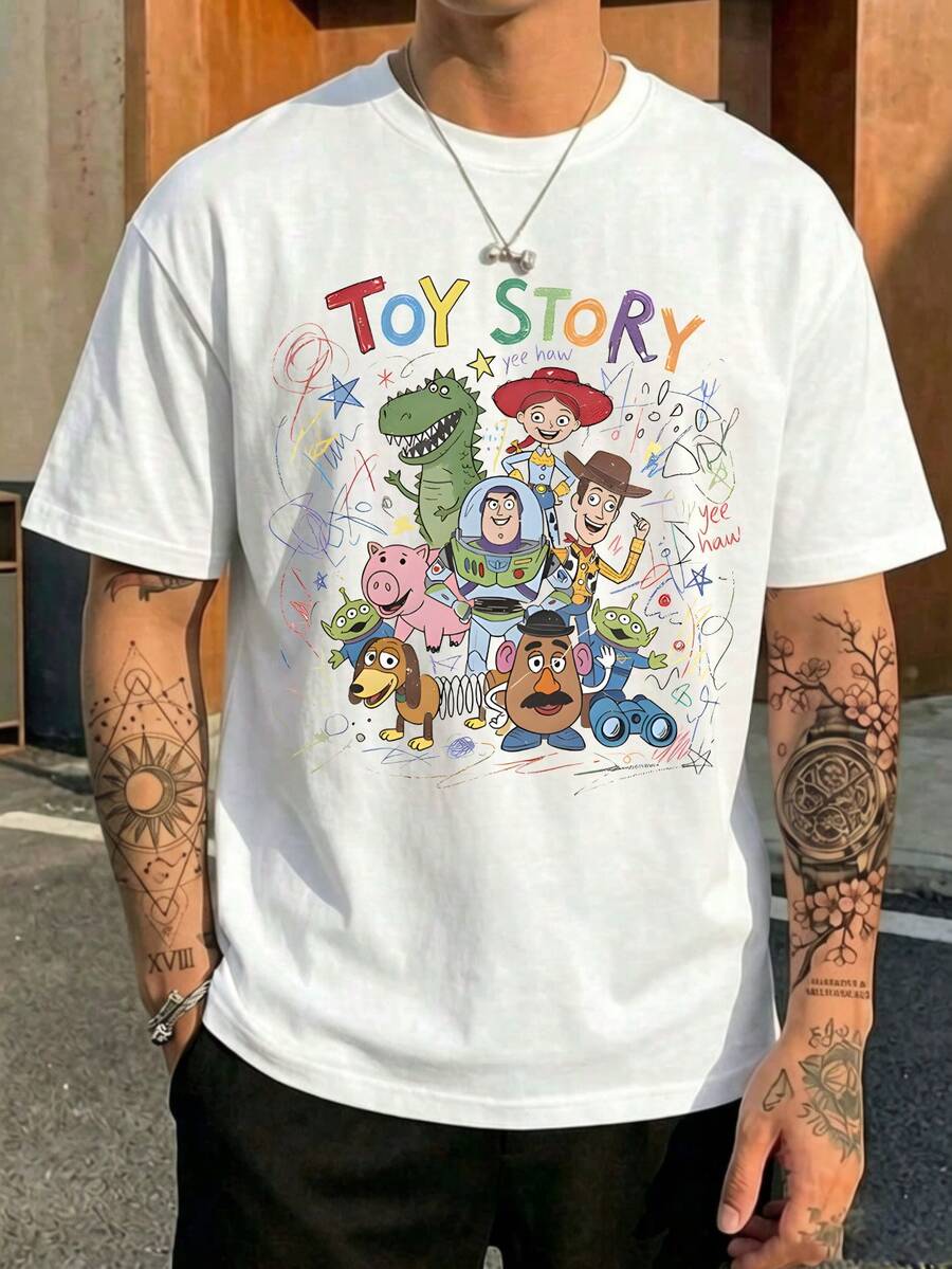 Disney Toy Story Men's Cotton T-Shirt With Colorful Hand-Drawn Character Print, Soft And Casual For Everyday Summer Wear. - 白色 - 查看 1