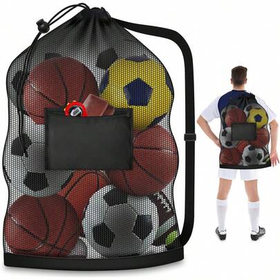 Extra Large Soccer Ball Bag, 40" X 30" Drawstring Mesh Ball Bag With Pocket, Heavy Duty Sport Net Sack For Coaches, Storage Bag For Basketball, Volleyball, Gym Equipment, Swimming Gear