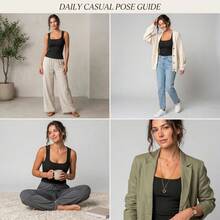 1 Stück Damen geripptes Tanktop, quadratischer Ausschnitt, breite Träger, 2-in-1 mit integriertem Brustpolster, figurbetonigte Unterwäsche/Oberbekleidung, lässige Hauskleidung, schwarze Basisschicht, ganzjährig - Schwarz - Übersicht 6