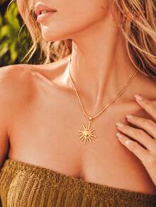 18K Gold Plated Stainless Steel Sun Pendant Necklace For Women Waterproof Tarnish Resistant Boho Celestial Sunburst Snake Chain Jewelry Gift - Gold - View 2