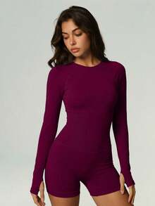 UONNOU Women's Seamless Soft Backless Long Sleeve Thumbhole Tummy Control Butt Lift Fitness Romper - Purple - View 9