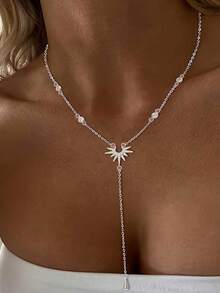 1pc Pendant Necklace Y-Shaped Silver Long Pendant Necklace Women's Jewelry Vacation Ocean Beach Style Neck Accessory, Holiday Gift - Silver - View 5