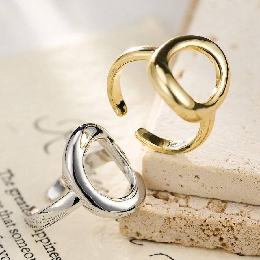 1 pieza Anillo abierto con decoración de círculo geométrico minimalista, adecuado para el uso diario de las mujeres - Plateado - Ver 1