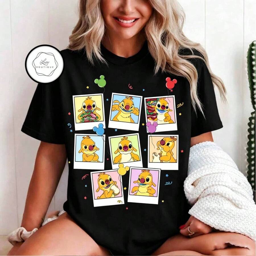 Disney Lilo And Stitch Reuben Graphic Tee, Yellow Alien Casual T-Shirt, Character Print Top - Black - View 1
