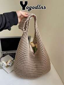 Yogodlns Women's Crochet Aesthetic Design Beach Bag, Woven Net Underarm Bag, Versatile Summer Shoulder Bag, Casual Shoulder Bag For Women, Handbag - 白色 - 查看 1