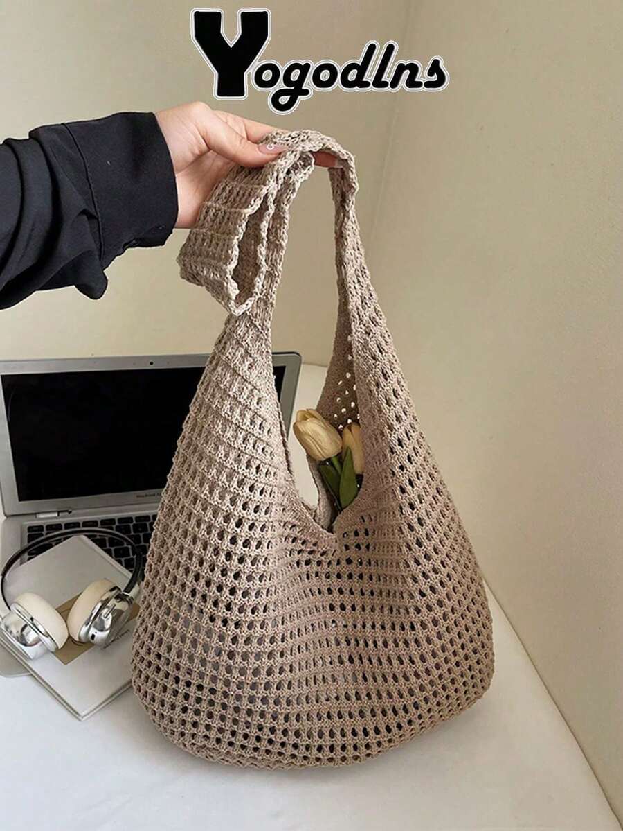 Yogodlns Women's Crochet Aesthetic Design Beach Bag, Woven Net Underarm Bag, Versatile Summer Shoulder Bag, Casual Shoulder Bag For Women, Handbag - 白色 - 查看 1