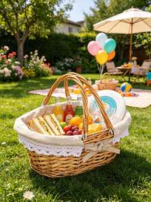 1pc Handwoven Wicker Picnic Basket With Lace Bow Decor Lined Fabric Lining Multi Style Red Gingham Check Pattern Portable Basket With Handle For Outdoor Picnic Camping - Multiple Styles - View 8