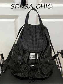 New Fashionable Multifunctional Large Capacity Backpack, Made Of Fashionable Plaid Nylon Material. Features Multiple Pockets, Waterproof, Lightweight, Foldable Drawstring Design, Letter Patch. Suitable For Travel, School Supplies, Portable, Classic Casual Style. Perfect For Women, Teenagers, And Primary/Secondary School Students For School, Outdoor Activities, And Various Occasions. - Black - View 1