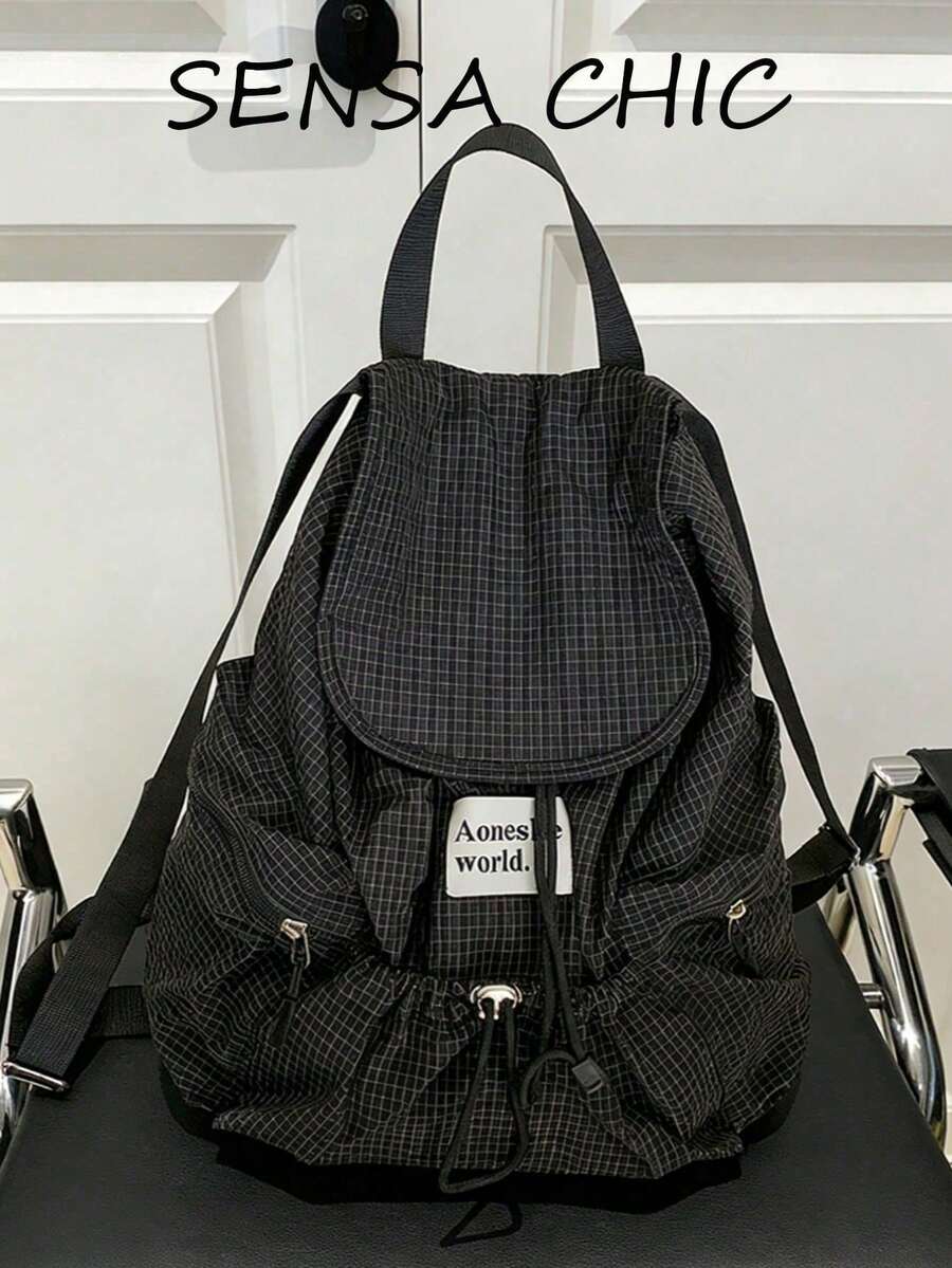 New Fashionable Multifunctional Large Capacity Backpack, Made Of Fashionable Plaid Nylon Material. Features Multiple Pockets, Waterproof, Lightweight, Foldable Drawstring Design, Letter Patch. Suitable For Travel, School Supplies, Portable, Classic Casual Style. Perfect For Women, Teenagers, And Primary/Secondary School Students For School, Outdoor Activities, And Various Occasions. - Black - View 1