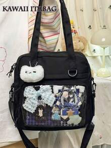 Y2K 2026新款女款痛包，附PVC透明口袋徽章展示板，單肩斜背包，女生學生後背包，JK娃娃包 - 黑色 - 查看 1