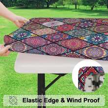 1pc Colorful Mandala Geometric Pattern Stretchable Washable Tablecloth, Durable Polyester Rectangular Table Cover, Suitable For Camping, Picnic, Decorative Theme, Garden Party - Indoor/Outdoor Use, Picnic Accessory, Elastic Edge - A - View 6