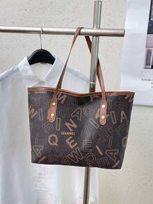 1pc Coffee Brown Summer New Metal Rivet Decor Large Capacity Monogram Colorblock PU Tote Bag Women's Shoulder Bag - Coffee Brown - View 2