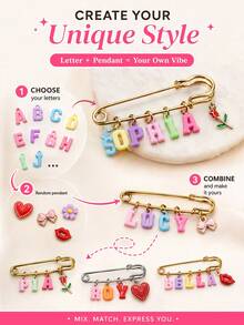 Custom Name Baby Safety Pin Brooch - Personalized Colorful Letter Pendant Brooch, Sweet Style Bow & Heart Children's Commemorative Jewelry, Birthday Gift - Multicolor - View 4