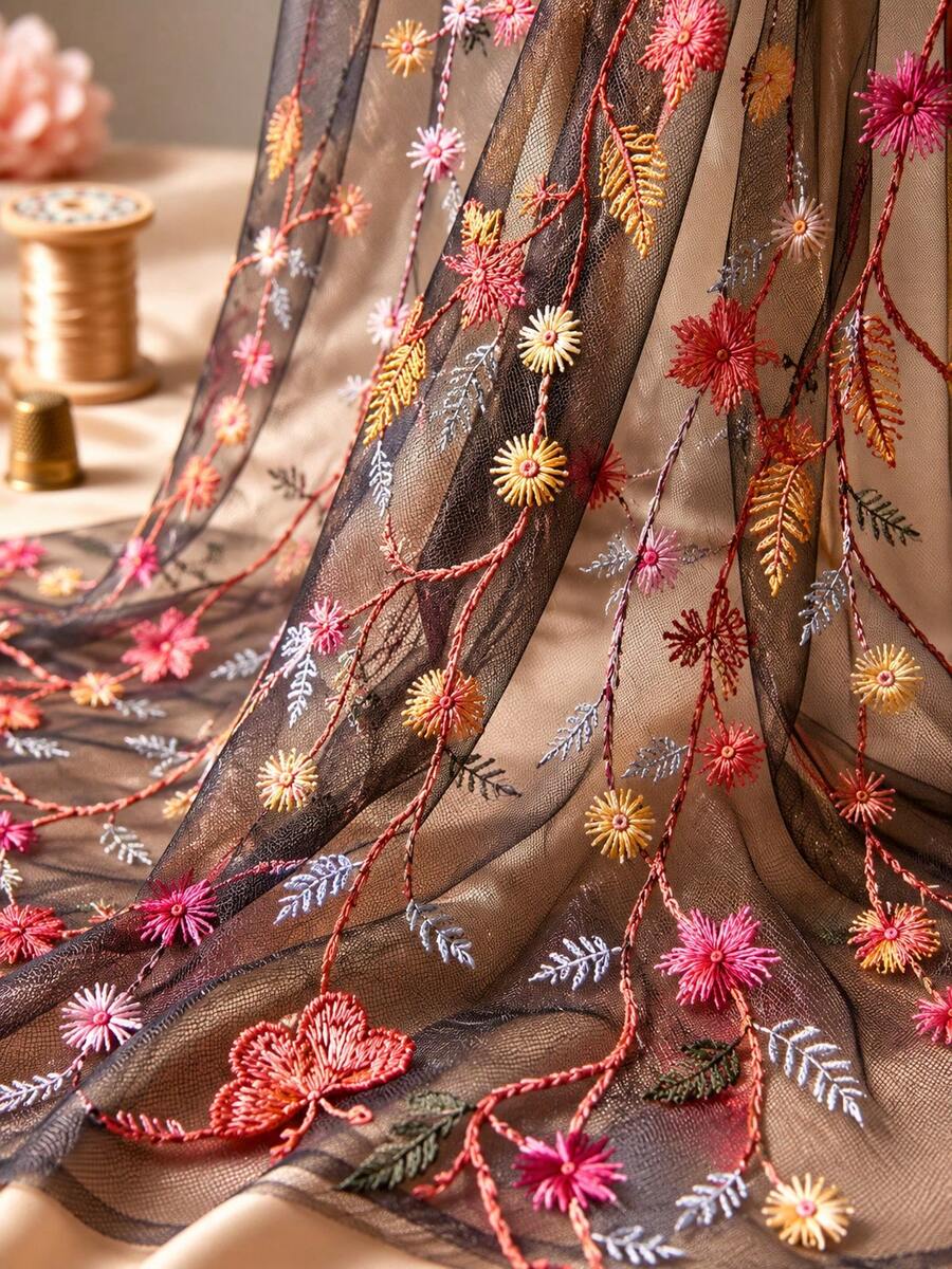 黑色花卉刺繡薄紗蕾絲面料 透視網格布 精緻花卉藤蔓圖案 適用於晚禮服、婚紗、新娘面紗、裙子、服裝、窗簾、DIY縫製裝飾面料 按碼出售 - 1 - 查看 1