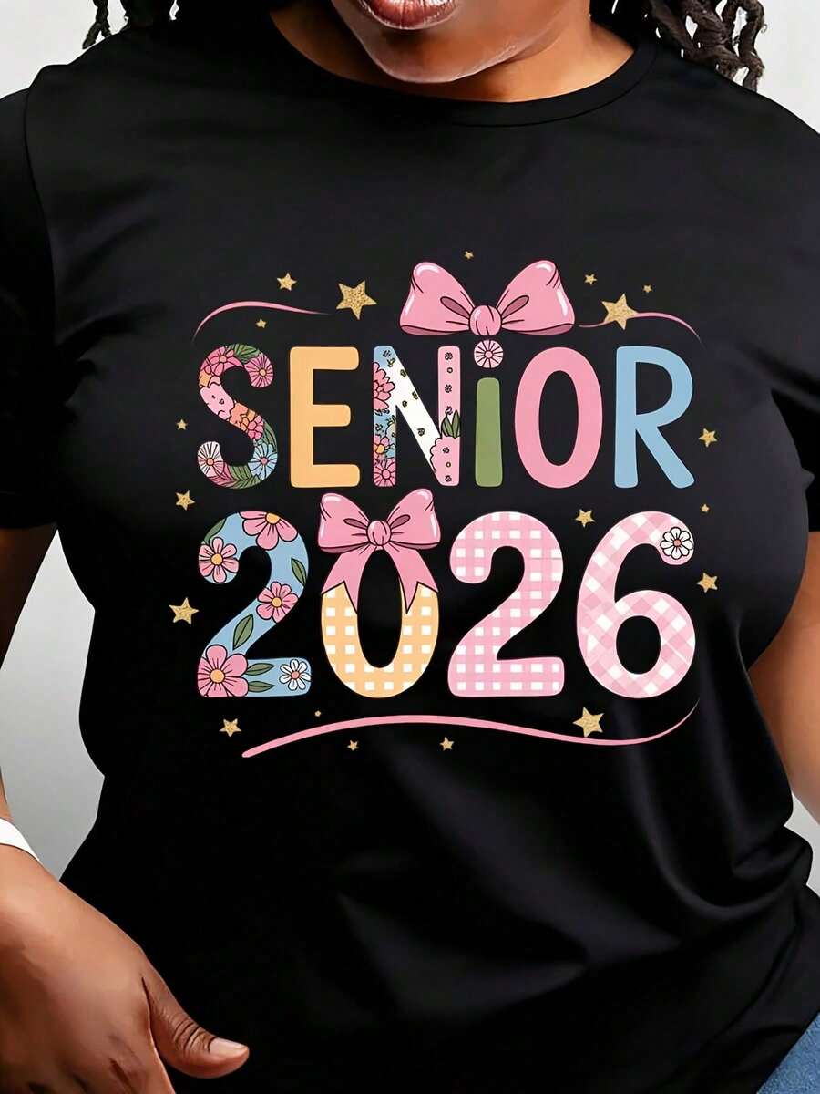 2026 Floral T-Shirt With Pink Bow And Stars. Comfortable For Graduation And Everyday Wear. - 黑色 - 查看 1