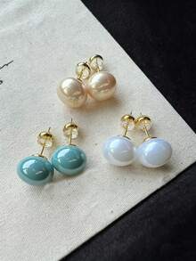 3 Pairs Round Bun Bead Blue White Champagne Color Niche Design High-End Faux Pearl Stud Earrings Elegant Fashionable Suitable For Women Holiday And Daily Wear - Three-piece Set Of Steamed Bun Beads - View 3