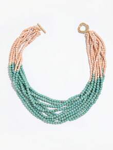 1pc Multi-Layer Pink & Blue Color Block Beaded Necklace, Bohemian Style Layered Choker, Women's Vacation Beach Versatile Accessory Pant Chain Cute Core - Pink and Blue Color Blocking - View 3