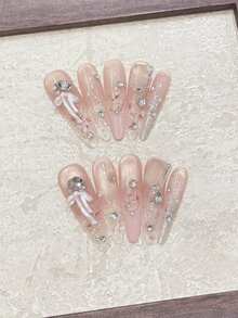 10pcs Kuku Akrilik Tempel Buatan Tangan Panjang Lancip Transparan Kaca Es Merah Muda Prancis 3D Pita Persegi Transparan Rhinestone Mata Kucing Bening Tekstur Pecah Mewah Pengerjaan Berat Gaya Perempuan Sehari-hari Kencan Pesta Liburan Musim Panas - berwarna merah muda - View 3