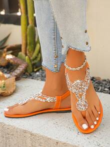 Fashion Plus Size Glamorous Rhinestone Embellished Elastic Back Strap Round Toe Low Heel Women's Flat Sandals T-Strap Toe Sandals Comfortable Soft Sole Women's Sandals Orange Sandals Fashion Sexy Bohemian Vacation Style Summer Sandals Pair With Skirts Elegant Women's Shoes Suitable For Daily Wear Vacation Travel Leisure Gathering Beach Sandals Women's Shoes Pattern Texture Random - Orange - View 3