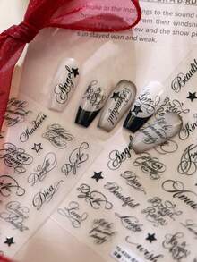1pc French Vintage Nail Sticker, With Vintage Calligraphy Design, Elegant Self-Adhesive Nail Sticker - Black - View 1