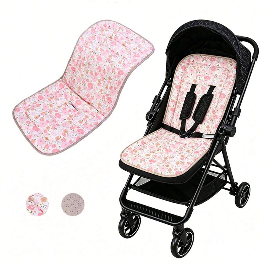 miracle baby Baby Stroller Seat Pad, Children's Cushion, All-Season Style, Stroller Accessories, High-View Stroller Baby Sleeping Pad - Pink Flowers and Green Leaves - View 1