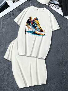 Men's Loose Fit Colorful Sneaker Print Short Sleeve T-Shirt, Plus Size Casual Top | Exquisite Design | Summer Essential | Easy To Match, Show Your Style - White - View 3