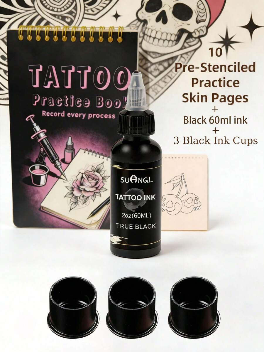 Tattoo Practice Set - 10 Pre-Drawn Tattoo Practice Skin Sheets, 60ml True Black Tattoo Ink, 3 Black Basic Ink Cups, Suitable For Beginners And Artists - Multicolor - View 1