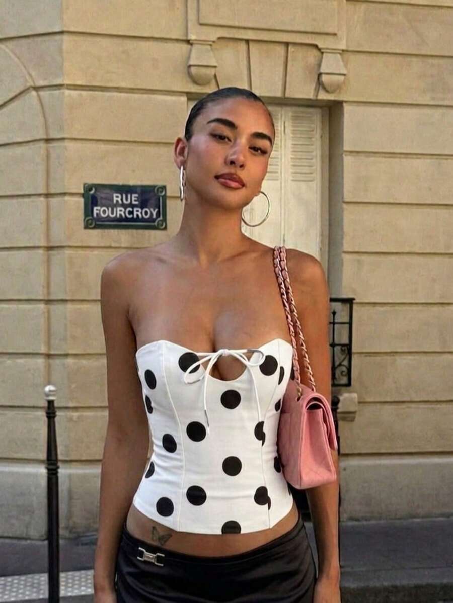 Sexy Polka Dot Fitted Hollow Out Lace-Up Camisole Summer - Black and White - View 1