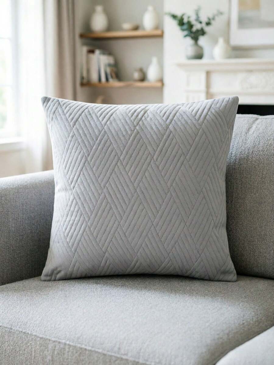 1pc Solid Color Velvet Plaid Pillowcase, Modern Polyester Fiber Square Cushion Cover, Soft And Comfortable, Suitable For Living Room Home Decor - Dusty Blue - View 1